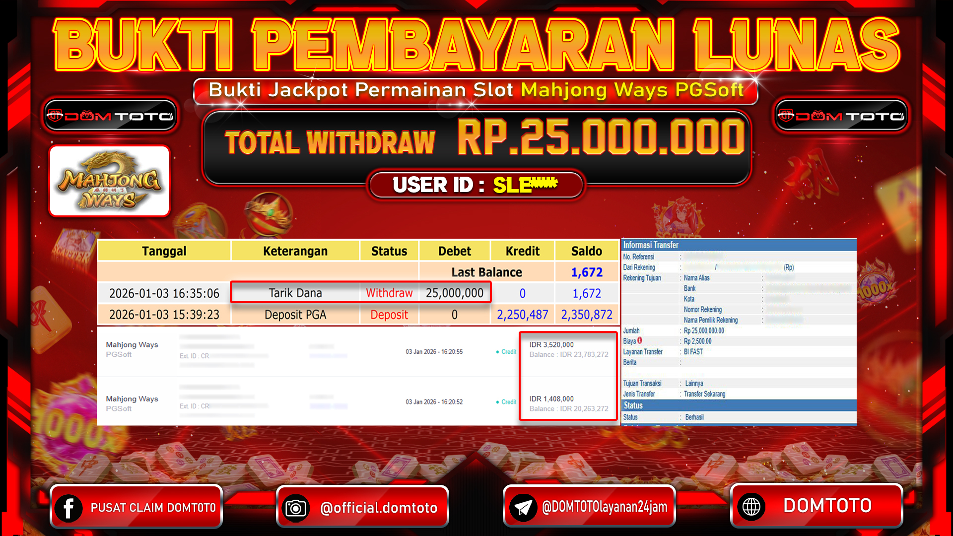 JACKPOT Slot Mahjong Ways PGSoft 3 JANUARI 2026